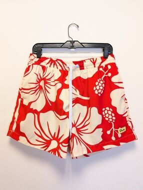 Duvin Tropical Hawaiian Floral Swim Trunks Red Cream Lined Beach Shorts